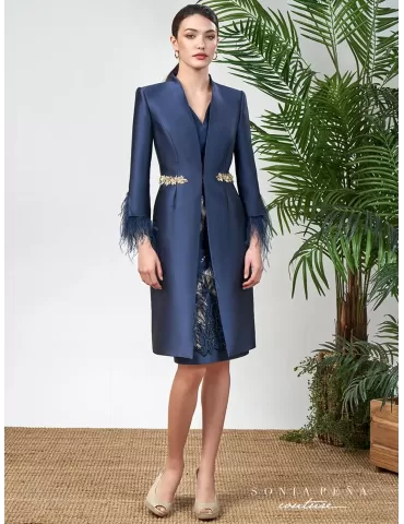 Blue and gold organza silk formal dress and duster suit