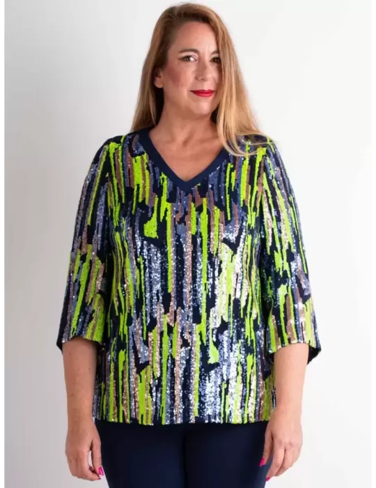 Plus size multi color sequin two pieces formal trouser suit by Evassè
