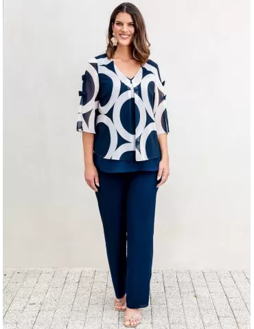 Blue and white silk two piece formal pants suit | Plus size available