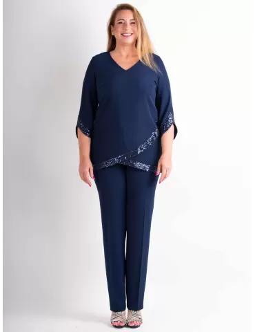 Evassè blue sequins two piece formal pants silk suit
