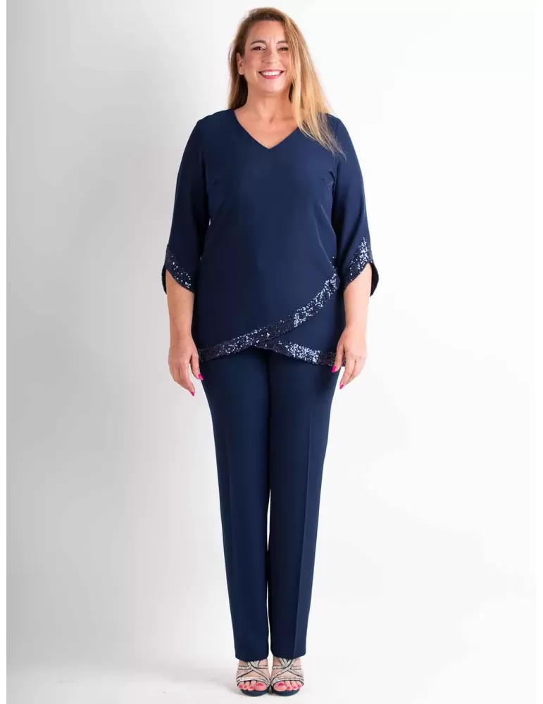 Blue and white silk two piece formal pants suit Plus size available