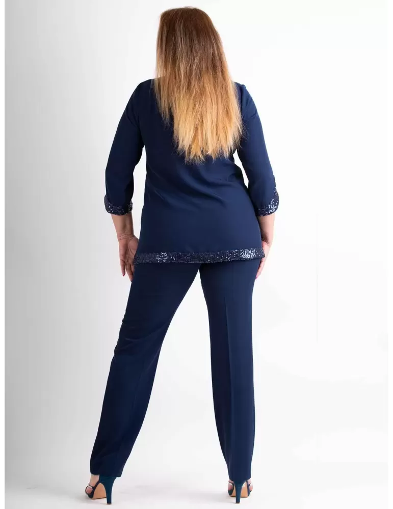Evassè blue sequins two piece formal pants silk suit