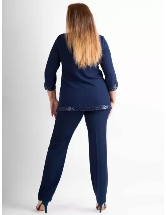 Evassè blue sequins two piece formal pants silk suit