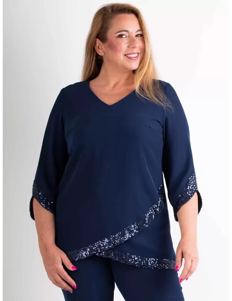 Evassè blue sequins two piece formal pants silk suit