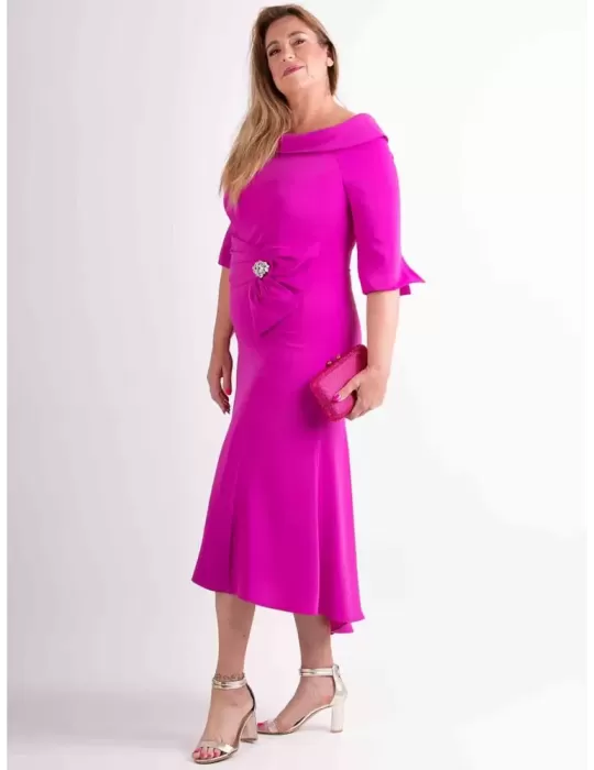Sonia Pena 1240013 | Fuchsia silk low necked midi formal dress Sonia Pena 1240013 | Fuchsia silk low necked midi formal dress