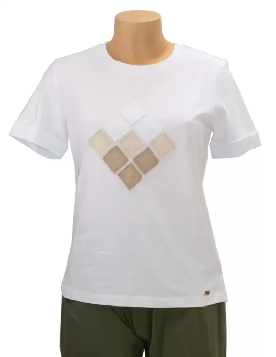 T-shirt bianca cotone ricamo rombi | Riva Tricot Maglificio di Nibionno T-shirt bianca cotone ricamo rombi | Riva Tricot Maglificio di Nibionno