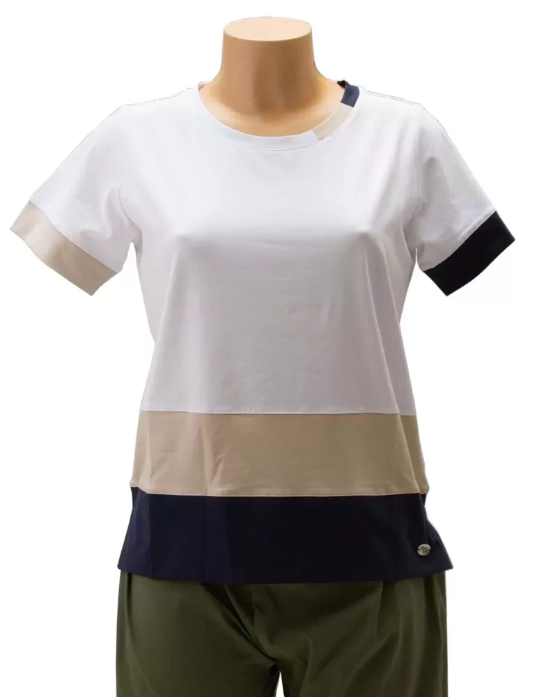 Riva Tricot white cotton t-shirt with beige and blue profiles Riva Tricot white cotton t-shirt with beige and blue profiles