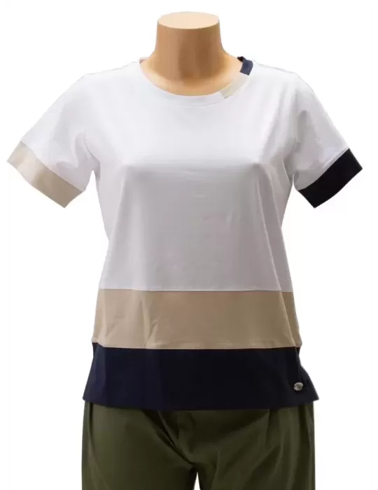 T-shirt bianca cotone fasce beige blu | Riva Tricot Maglificio di Nibionno T-shirt bianca cotone fasce beige blu | Riva Tricot Maglificio di Nibionno