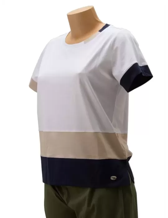 T-shirt bianca cotone fasce beige blu | Riva Tricot Maglificio di Nibionno