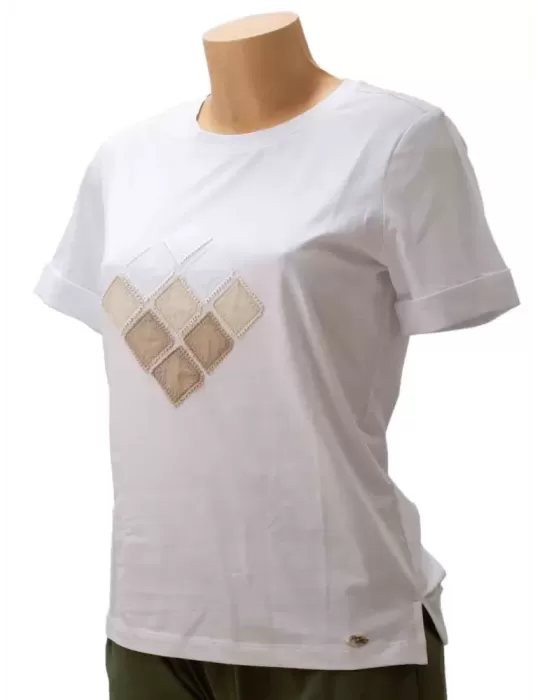 T-shirt bianca cotone ricamo rombi | Riva Tricot Maglificio di Nibionno