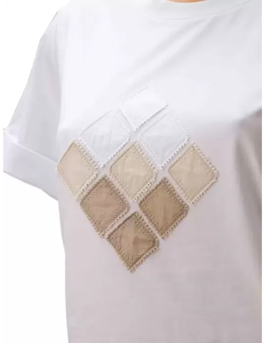 T-shirt bianca cotone ricamo rombi | Riva Tricot Maglificio di Nibionno