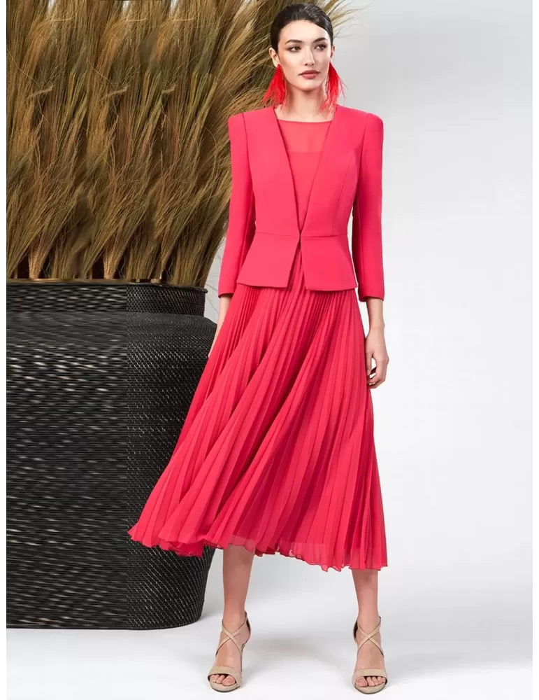 Sonia Pena 1240037 coral red silk formal midi dress suit Sonia Pena 1240037 coral red silk formal midi dress suit