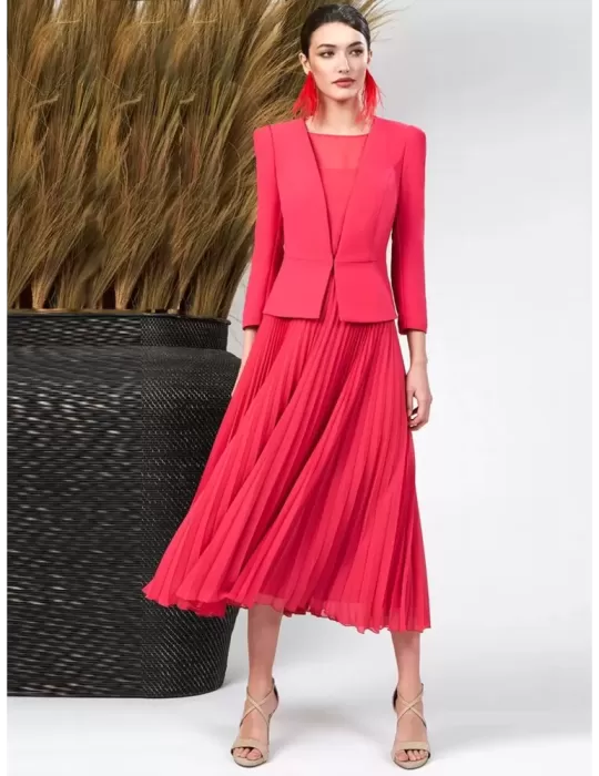 Sonia Pena 1240037 coral red silk formal midi dress suit Sonia Pena 1240037 coral red silk formal midi dress suit