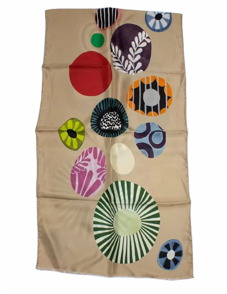 Multicolor eggs printed pattern beige pure silk scarf Multicolor eggs printed pattern beige pure silk scarf