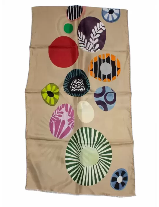 Multicolor eggs printed pattern beige pure silk scarf Multicolor eggs printed pattern beige pure silk scarf