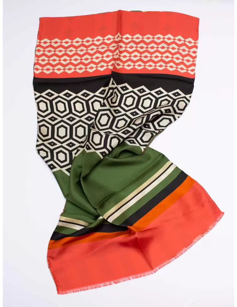 Orange green brown pattern printed pure silk scarf