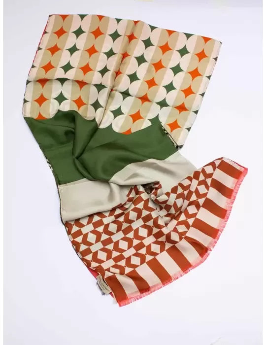 Orange green brown pattern printed pure silk scarf