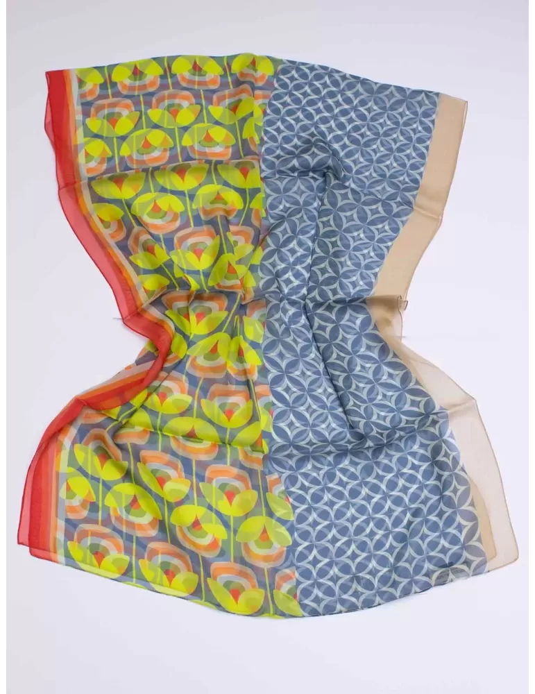 Light blue and lime pattern printed pure silk scarf