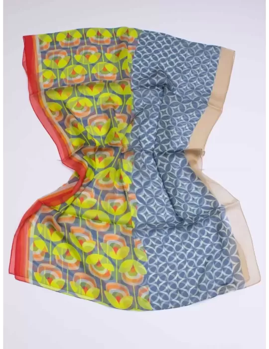 Light blue and lime pattern printed pure silk scarf