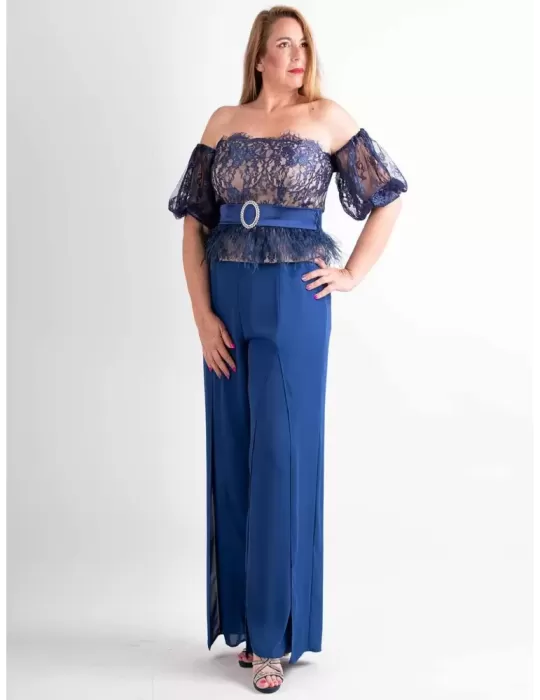 Sonia Pena blue lace bodice and silk palazzo trouser suit
