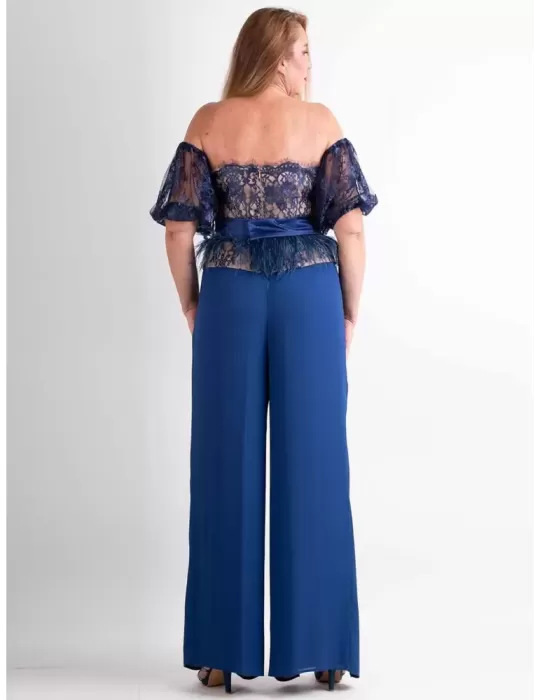 Sonia Pena blue lace bodice and silk palazzo trouser suit