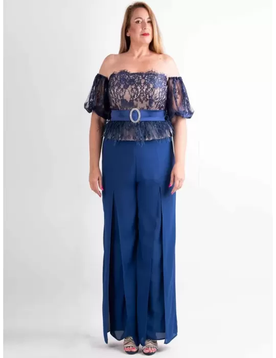 Sonia Pena blue lace bodice and silk palazzo trouser suit Sonia Pena blue lace bodice and silk palazzo trouser suit