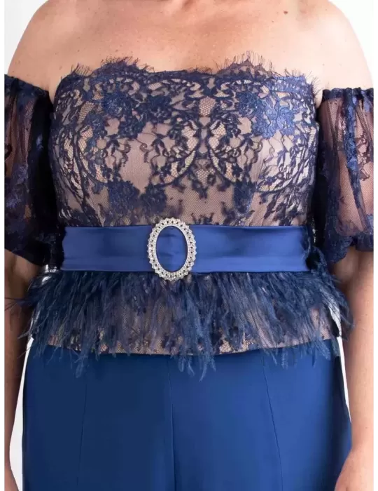 Sonia Pena blue lace bodice and silk palazzo trouser suit