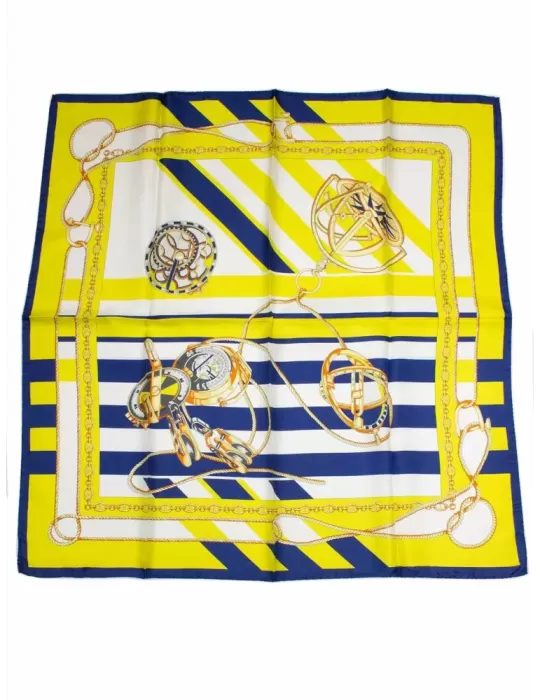 White yellow and blue twill all silk satin foulard scarf White yellow and blue twill all silk satin foulard scarf