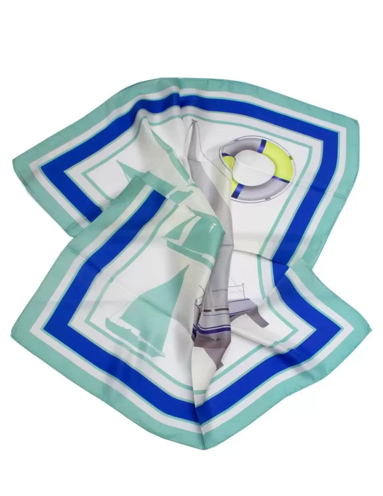 White red and blue twill all silk satin foulard scarf | Tessago Como