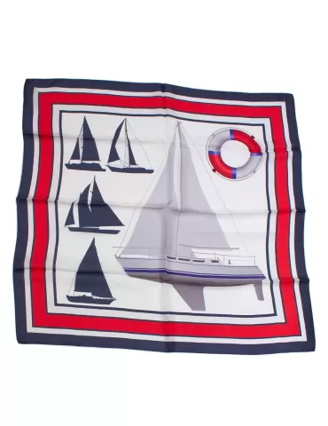 White red and blue twill all silk satin foulard scarf | Tessago Como