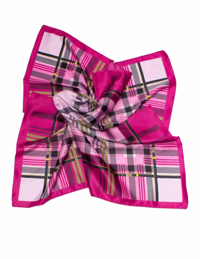 Fuchsia pink black and gold twill silk satin foulard scarf
