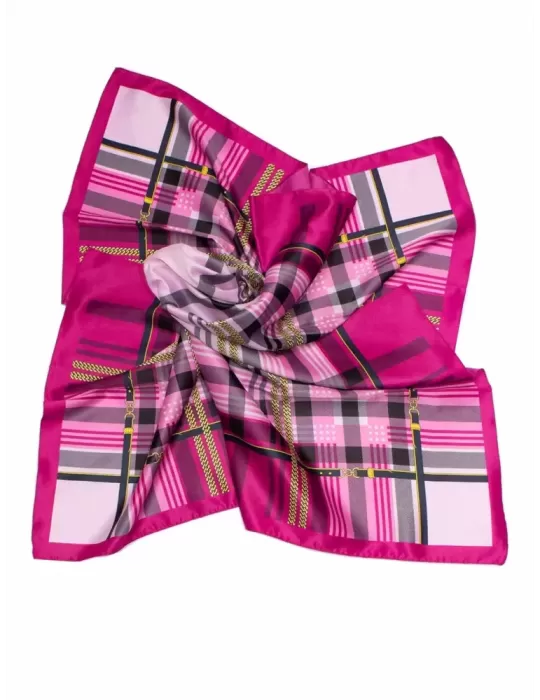 Fuchsia pink black and gold twill silk satin foulard scarf