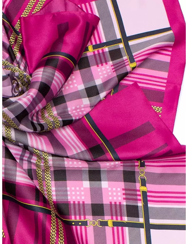 Fuchsia pink black and gold twill silk satin foulard scarf