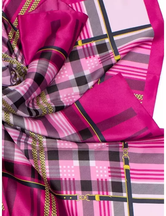 Fuchsia pink black and gold twill silk satin foulard scarf