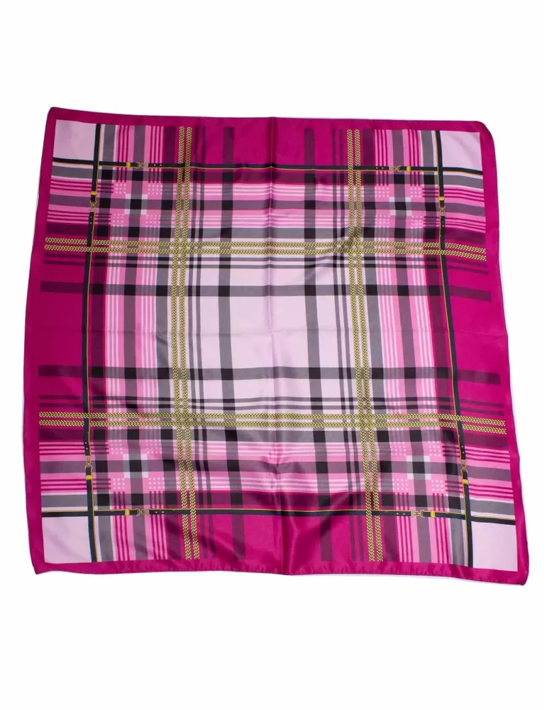 Fuchsia pink black gold tartan twill silk satin foulard square scarf Fuchsia pink black gold tartan twill silk satin foulard square scarf