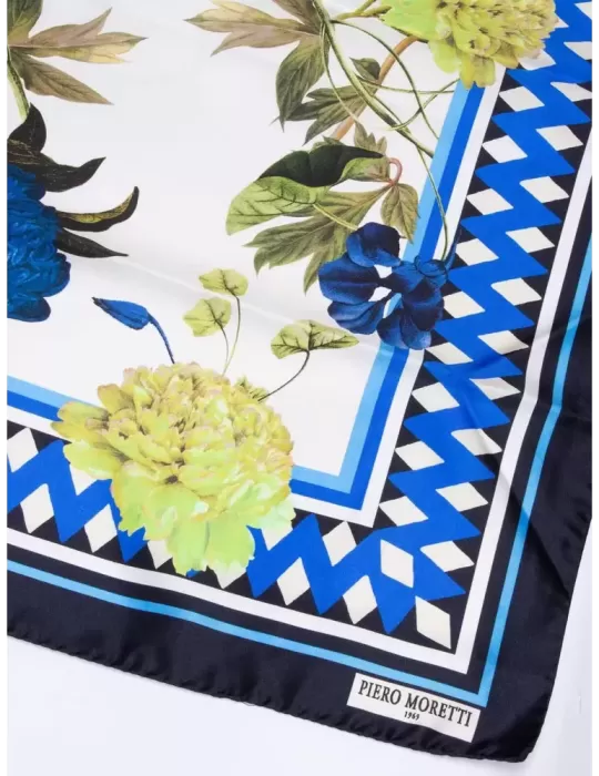 Piero Moretti blue and lime green big flowers printed silk scarf