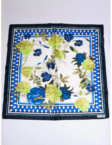 Piero Moretti 2024 | Blue and lime green flowers printed silk scarf