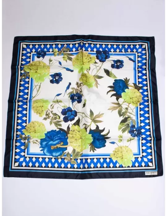 Piero Moretti blue and lime green big flowers printed silk scarf Piero Moretti blue and lime green big flowers printed silk scarf