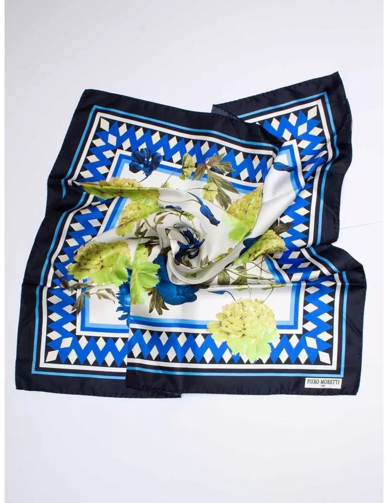 Piero Moretti 2024 | Blue and lime green flowers printed silk scarf