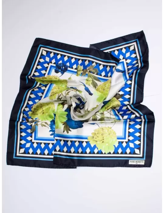 Piero Moretti blue and lime green big flowers printed silk scarf