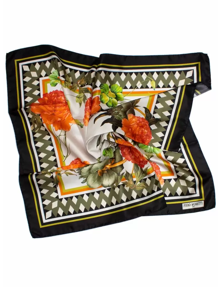 Piero Moretti black and orange big flowers printed silk scarf