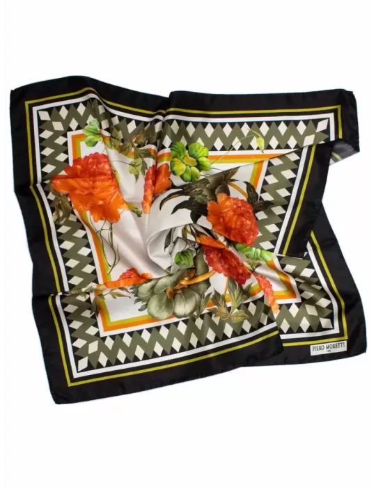 Piero Moretti 2024 | Black and orange flowers printed silk scarf