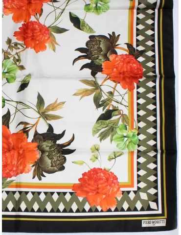 Piero Moretti 2024 | Black and orange flowers printed silk scarf 2