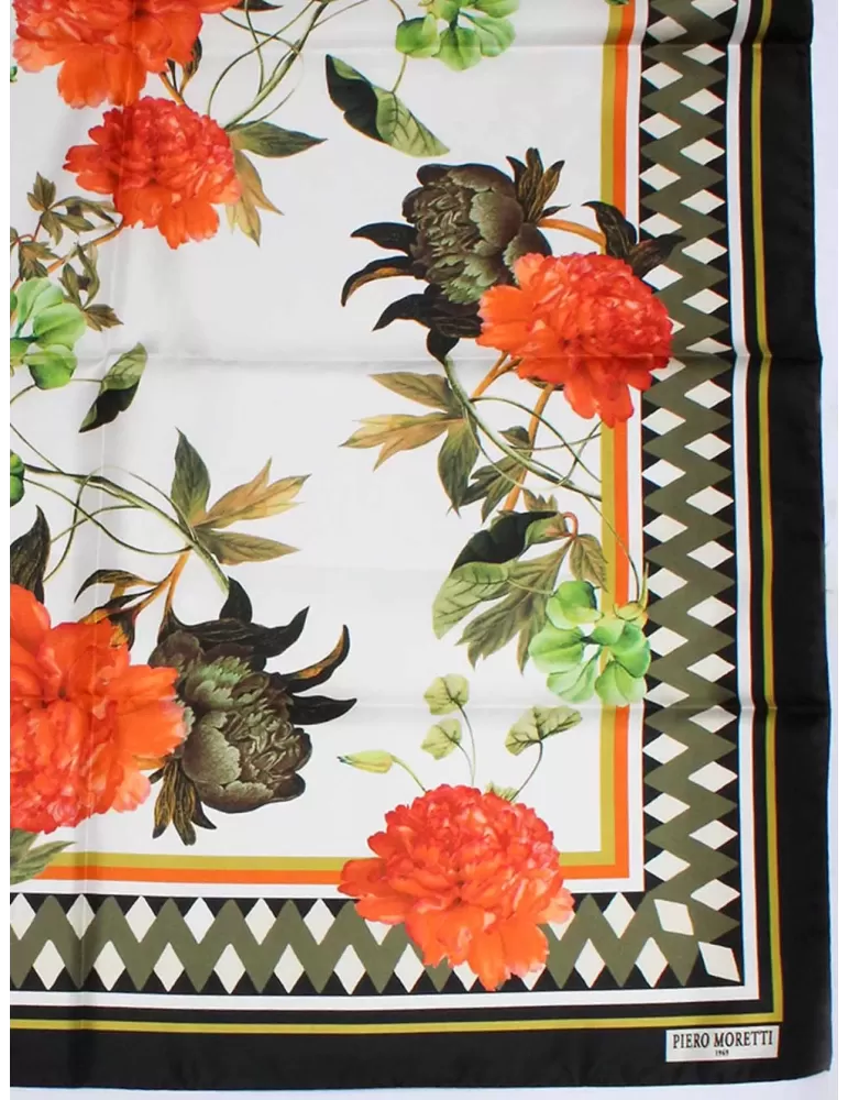 Piero Moretti black and orange big flowers printed silk scarf