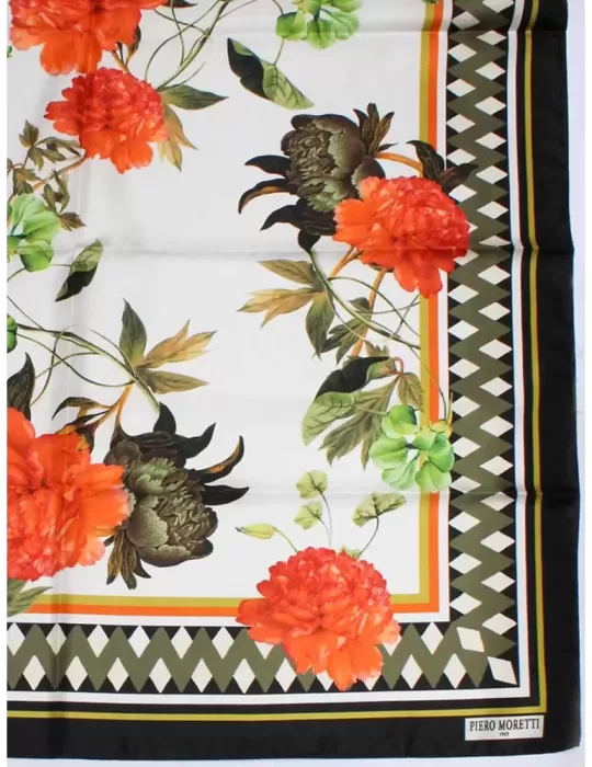 Piero Moretti 2024 | Black and orange flowers printed silk scarf