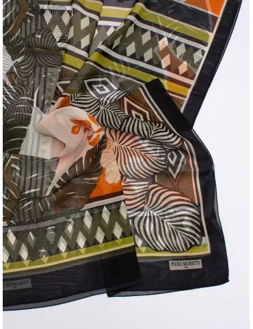 Piero Moretti orange and black tropical printed silk scarf 2