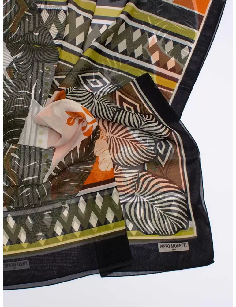 Piero Moretti 2024 | Orange black tropical printed silk scarf shawl