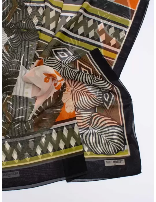 Piero Moretti 2024 | Orange black tropical printed silk scarf shawl