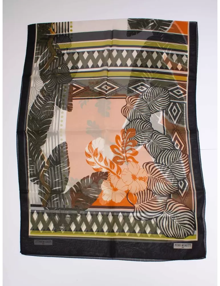 Piero Moretti 2024 | Orange black tropical printed silk scarf shawl