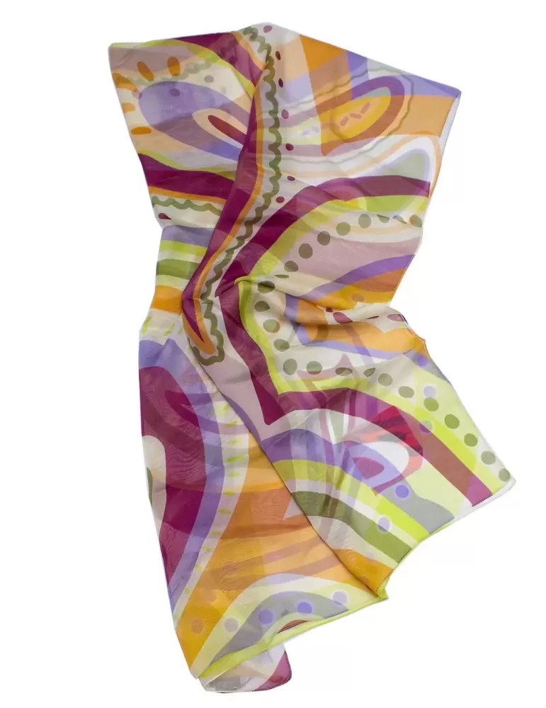Nicki Colombo | Orange green lilac pattern printed pure silk scarf Nicki Colombo | Orange green lilac pattern printed pure silk scarf